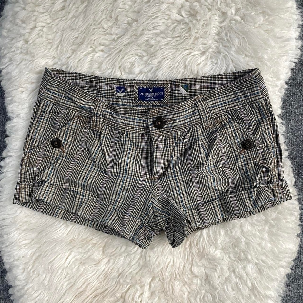 AMERICAN EAGLE BLACK WHITE PLAID SHORTS Y2K SOFT GRUNGE DARK COTTAGECORE